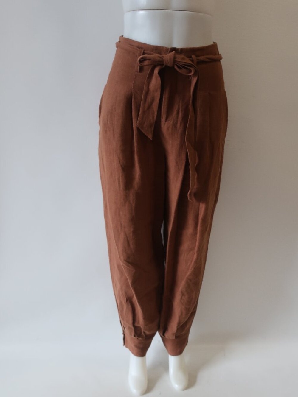 Womens Ronny Kobo Brown (Item- 43) Belted Pleated Tapered Cropped Linen Pants S - Picture 3 of 12